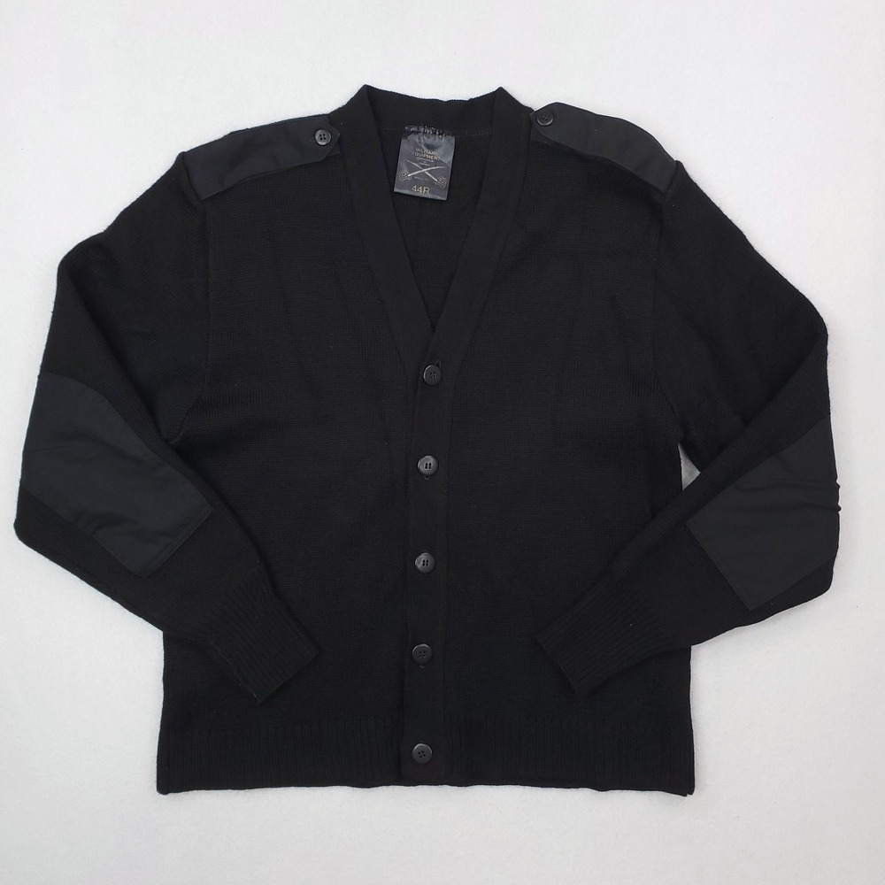 Military Equipment Sweater Mens 44R Black Cardigan Commando Epaulets Patches